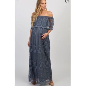 NWOT Pinkblush Steel Blue Lace Off The Shoulder Maxi Dress Maternity